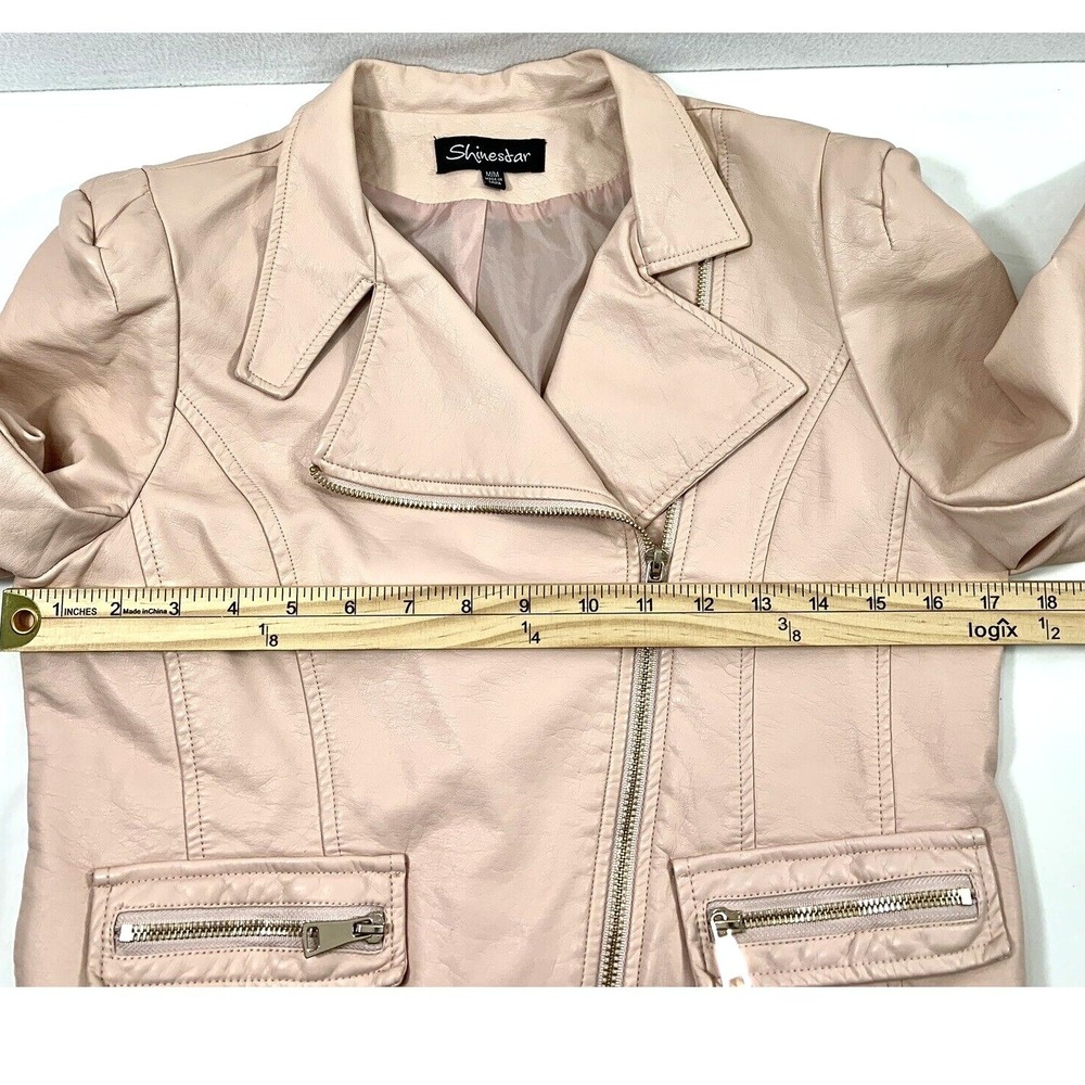 Womens Moto Jacket Size Medium Edgy Biker Pale Pink‎ Faux Leather Zip Up - Picture 7 of 10
